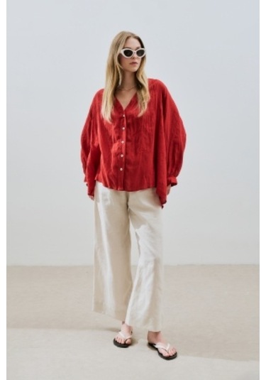 Keten Krushlı Düğmeli Bluz Kırmızı Kırmızı