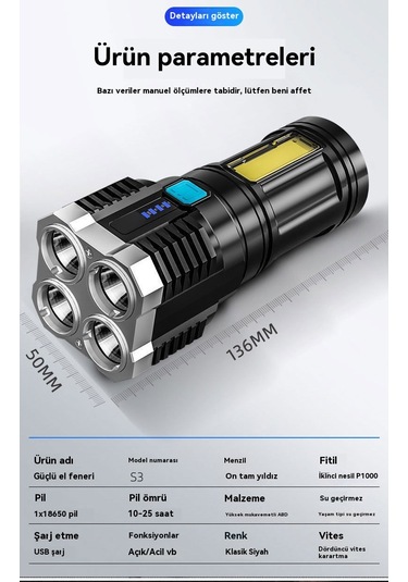 Jian Fan Dışa Mekan Dört Işık Led Çok Fonksiyonlu El Feneri Siyah