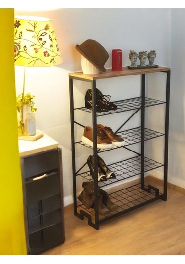 5 Metal Raflı Ahşap Tablalı Dresuar Salon Sehpa Ve Ayakkabılık Siyah