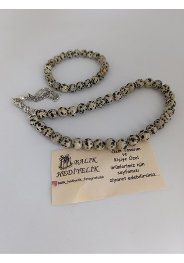 Doğaltaş Tespih-bileklik Takım Ahşap Kutulu /jasper Taşı Dalmaçy Bej