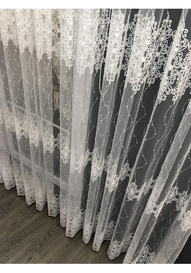 Tül Perde Sude Desen Brillant Marka Sedef Sim Brode Işleme Ekru