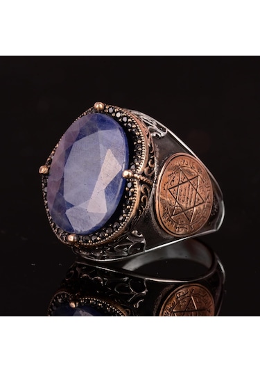 İslami Gümüş Yüzük Doğal Mavi Safir Taşı Şık 925 Ayar Sterlin Gümüş Erkek Yüzüğü Sadakat Ve Bilgelik Tasarımı Gümüş