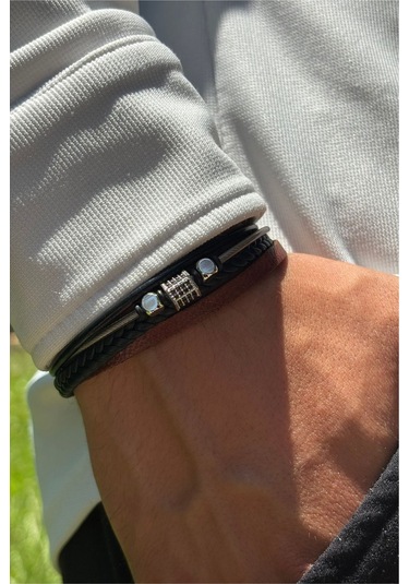 Taşlı Örgülü El İşçiliği İle Üretilmiş Hakiki Deri Erkek Bileklik Siyah - Gümüş