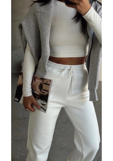 3 İplik Şardonlu Paça Lastikli Eşofman Beyaz İs001 Beyaz