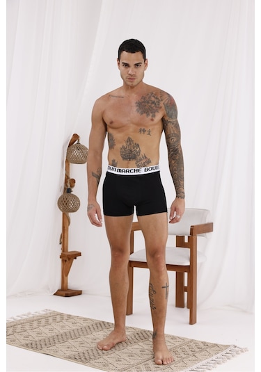 Boun Marche Erkek Boxer Likralı Premium 6'lı Kutu Tom Beyaz - Siyah Gömmeli