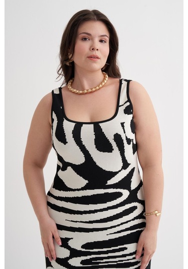 Desenli Triko Elbise-6264 Siyah