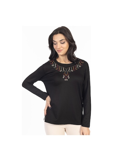Yeni Model 2024 Nakış İşlemeli Yuvarlak Yaka Likralı Anne Penye Bluz 6450-siyah
