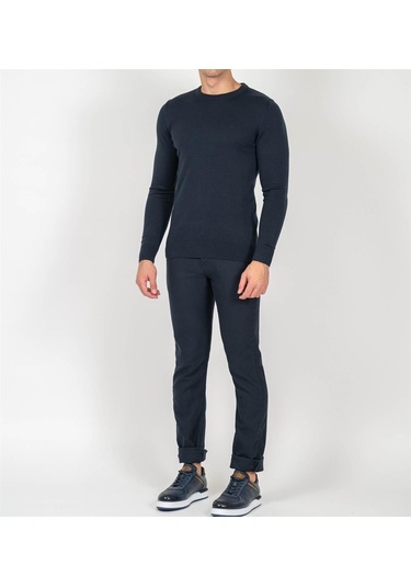 Erkek Bisiklet Yaka Triko Slim Fit Pamuklu Kazak Ncs Jeans 3002-Lacivert