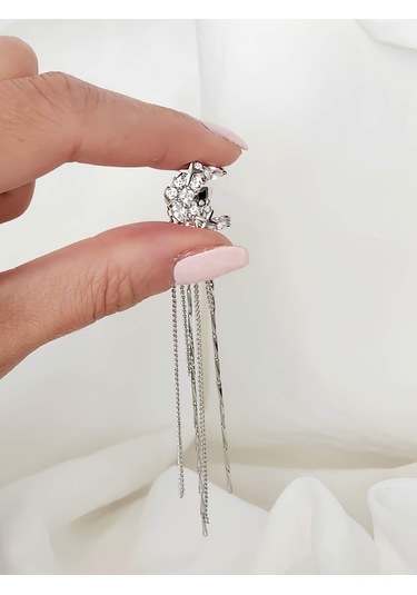 Yıldız Zirkon Taşlı Model Kıkırdak Sağ Kulak Gümüş Renk Küpe Silver