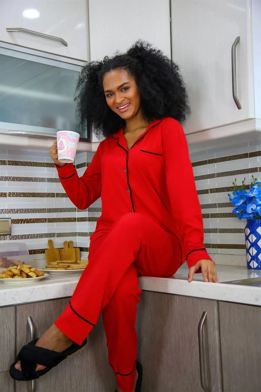 Moda Kadın %100 Pamuk Penye Önden Düğmeli Uzun Kol Pijama Takım Kırmızı Kırmızı