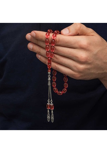 Gümüş Püsküllü Ateş Kehribar Tesbih Sl12592 Gümüş