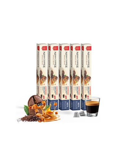 Nish Coffee Karamel Aromalı Kapsül Kahve 5'li Set 50 Adet - 50 Adet Kapsül Kahve