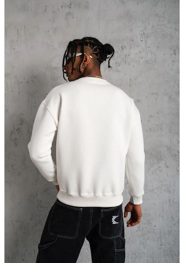Mbb E-ticaret Erkek Düz Bisiklet Yaka 3 İplik Pamuklu Sweatshirt - Beyaz