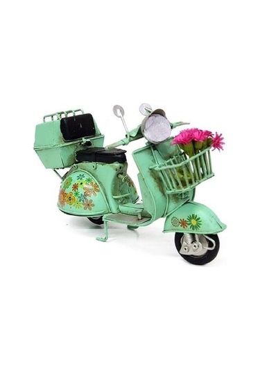 Vintage Dekoratif Sepetli Metal Scooter - Yeşil