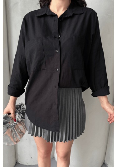 Paw Garage Kadın Harper Çift Cepli Oversize Keten Gömlek, 2025 Summer Collection Siyah