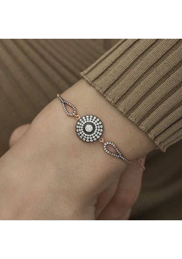 925 Ayar Gümüş Rose Elmas Montür Çiçek Bileklik Gümüş - Rose