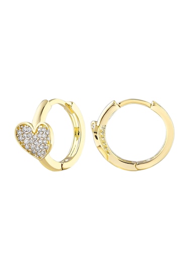 Moom Mücevherat Kadın 14 Ayar Altın Küpe Minimalist Zirkon Taşlı Kalp Temalı Halka Altın Küpe 12 Mm