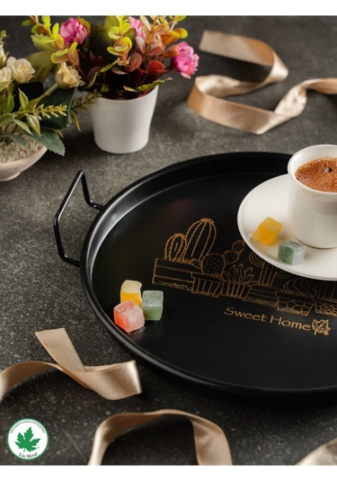 Lin Metal 24cm Yuvarlak Tel Kulplu Tepsi Kaktüs Baskılı - Siyah