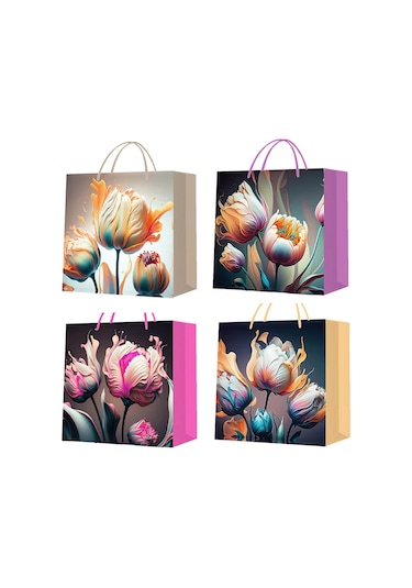 Büyük Boy Lale Desenli Karton Hediye Çantası