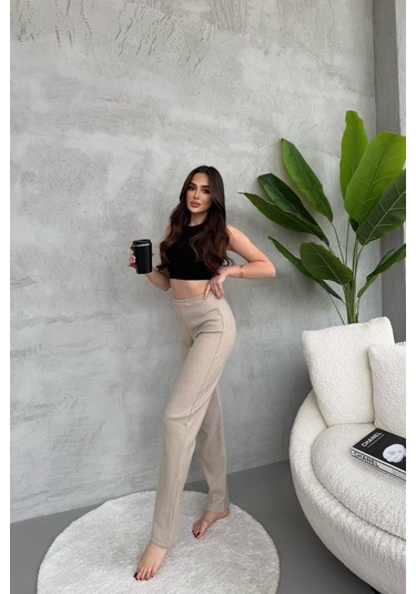 Kadın Vizon Yüksek Bel Fitilli Bol Paça Günlük İnce Eşofman Altı Vizon