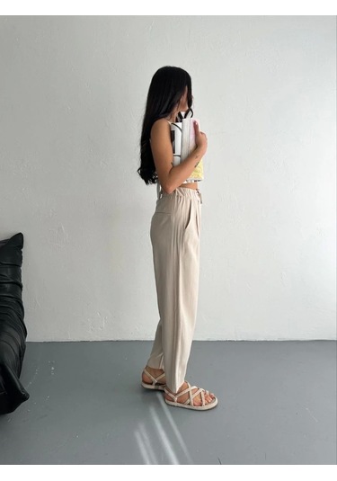 Kadın Yüksel Bel Beli Bağcıklı Rahat Boru Paça Pantalon - Kırık Beyaz Kırık Beyaz