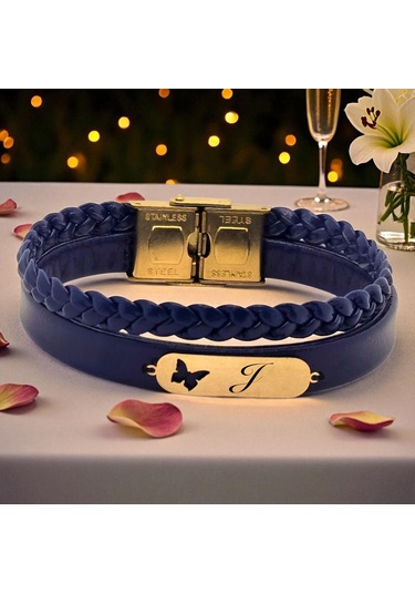 Archin J Harfine Özel Lacivert Derili Kelebek Motifli 14 Ayar Altın Plakalı Hediye Bileklik-616harf J