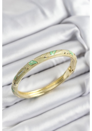 Mineli Pirinç Yeşil Yaprak Motifli Gold Renk Kadın Kelepçe - Tj-bb7413 Diğer