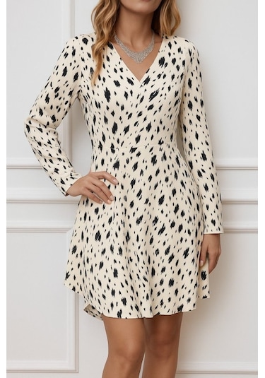 Tua Moda Kadın Uzun Kollu V Yakalı Desenli Kısa Keten Elbise Bej