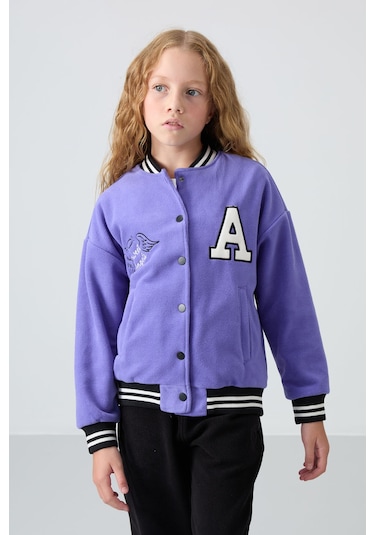 Tommy Life Eflatun Kalın Yumuşak Dokulu Standart Fit Nakışlı Polar Kız Çocuk Kolej Ceket - 75156 Eflatun