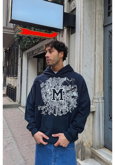 Flaw M Baskılı Hoodie-28588 Lacivert