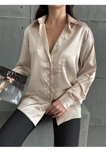 Kadın Oversize Taş Renk Saten Gömlek-taş Taş