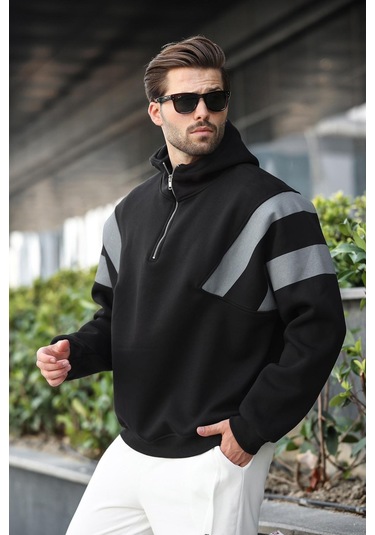 Madmext Siyah Fermuarlı Yaka Kapüşonlu Erkek Sweatshirt E7161 Siyah
