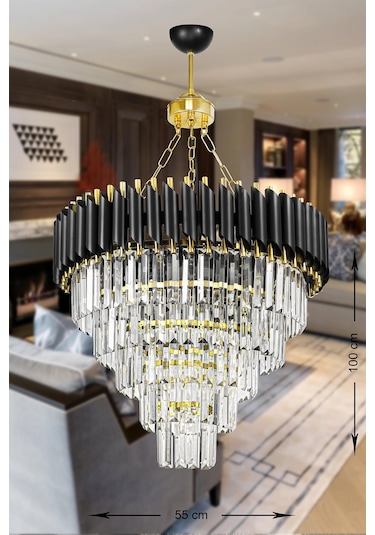 Avizemoda Palmira 55 Cm'Lik Kristal Taşlı Lüks Avize 5'Li - (Siyah-Gold)