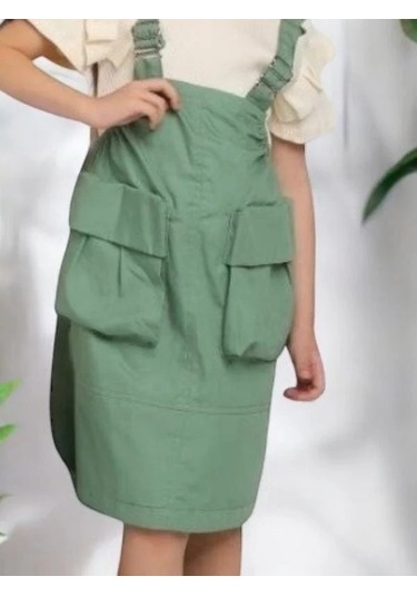 Kız Çocuk Büyük Cepli Askılı Salopet-14133 Yeşil