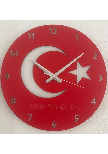 Kişiye Özel İsim Yazılı Ay Yıldız Türk Bayrağı Duvar Saati Epoksi Dolgulu 40 Cm Kırmızı - Beyaz