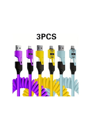 Xuweiwei 3pcs Pd 65w 4ü1 Hızlı Şarj Kablosu Mor Sarı Mavi 1.5m Seyahat Araba Şarj Kablosu Xiaomi Huawei Oppo İphone Uyumlu İpad Uyumlu