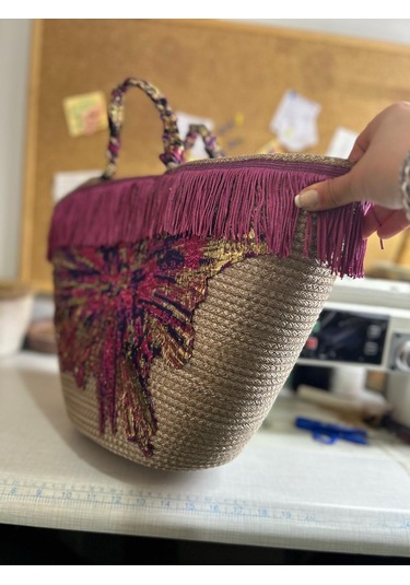 Hasır Çanta, Plaj Çantası, Tasarım Çanta, Püsküllü,desenli El Çantası Mürdüm