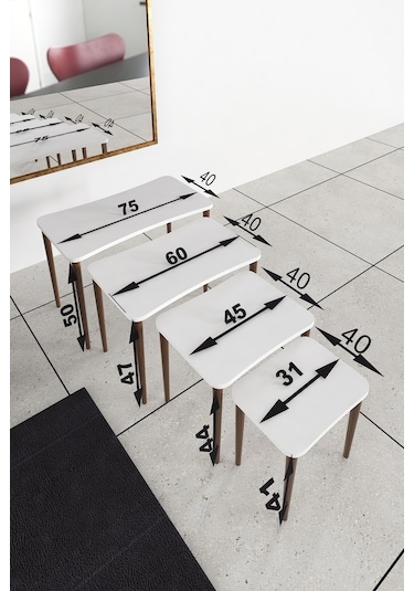 Selena 4Lü Zigon Sehpa Ahşap Ayaklı Salonseti Sehpası Siyah Mermer