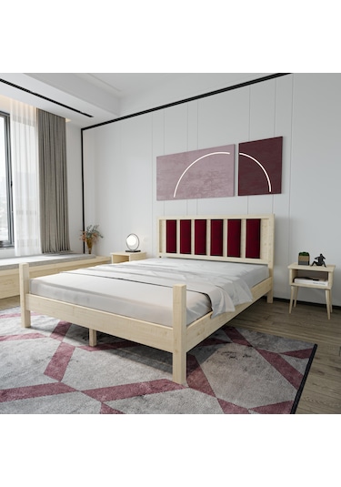 Orion Model Bordo Renk Puflu Başlıklı Vernikli Çam Ahşap Karyola Ve İki Komodin Set-232 140 x 200