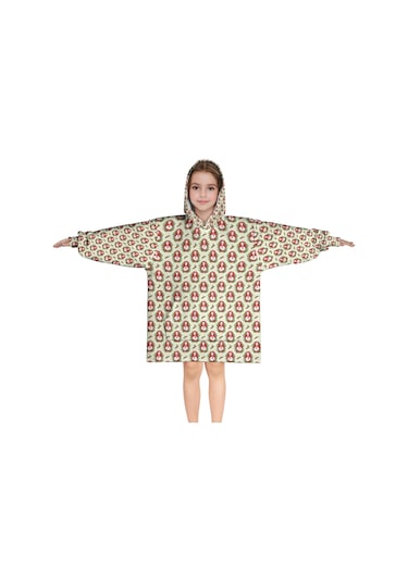 Noel Temalı 6-13 Yaş Çocuk Giyilebilir Battaniye Hoodie, Kalın Peluş, Büyük Boy-a150 Krem - Pembe