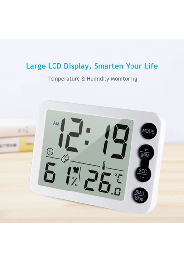 Yifomall Ts-9606 Ev Ofis İçin Dijital Termo-higrometre: Lcd Ekranlı Saat, Geri Sayım, Nem Sicaklık Ölçer, Sıcaklık Birimi Değiştirilebilir Pil Yok