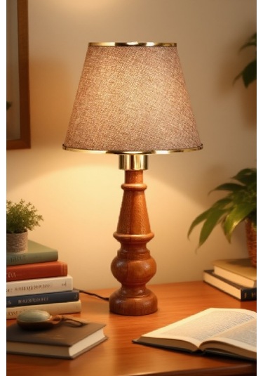 Ahşap Gövdeli Kumaş Başlıklı Dekoratif Abajur Masa Lambası Aydınlatma Lamba Kahverengi