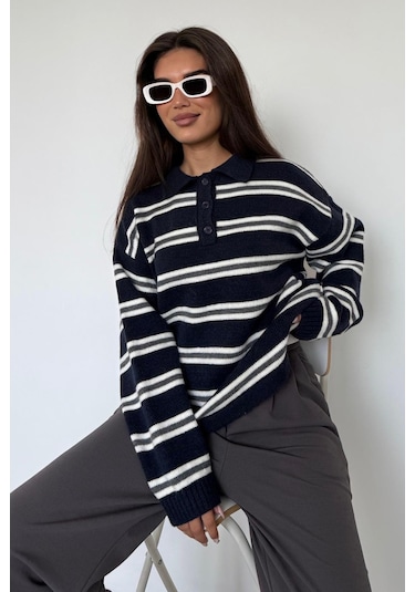 Lacivert Polo Yaka Çizgili Kadın Triko Kazak Mg2469 Lacivert