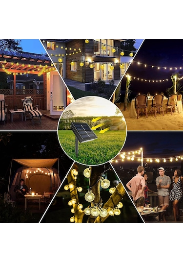 Mighty Enerji Tasarruflu Güneş Enerjili Cam 7 M 50 Led Sarı Aydınlatma Lambası Bahçe Süsü Set - Tekli Set