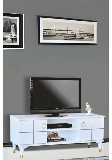 Lena Tv Sehpası Beyaz 2 Kapaklı Gold Halkalı Kulplu Yerden Yüksek 130x36x50 Cm