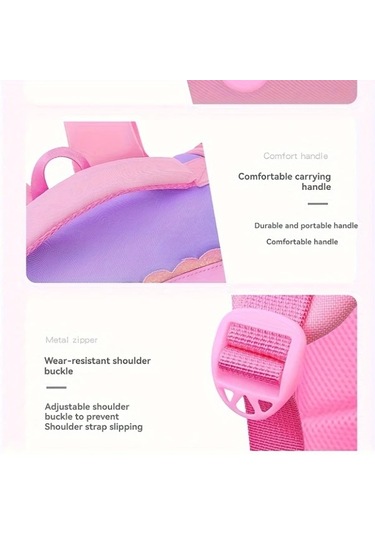 Honeybeeshop Pembe Küçük Ayarlanabilir Askılı Hafif Büyük Kapasiteli Öğrenci Sırt Çantası Tül Detaylı Poliester Fermuar Kapanışlı İlkokul Okul Çantası Eğlenceli Karikatür Tasarımı Pembe