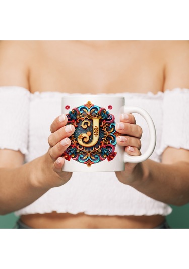 J Harfi Boho Bardak, Renkli Özel Tasarım Hediyelik Harfli Kupa, 330ml Porselen Beyaz