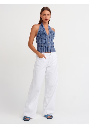Dilvin Yaka Düğmeli Triko Yelek İngido İndigo