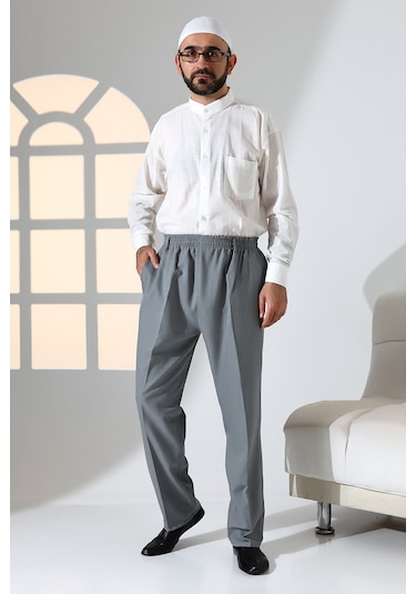Erkek Rahat Kesim Beli Lastikli Cepli Hac Ve Umre Kumaş Şalvar Pantolon - Gri Krk Gri