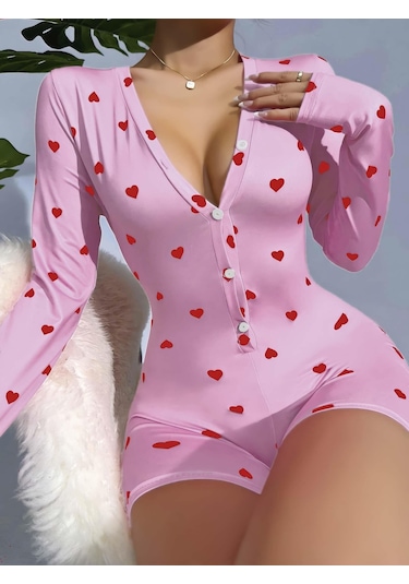Kadın Pembe Kalp Desenli Pijama Tulumu 5121 Kırmızı